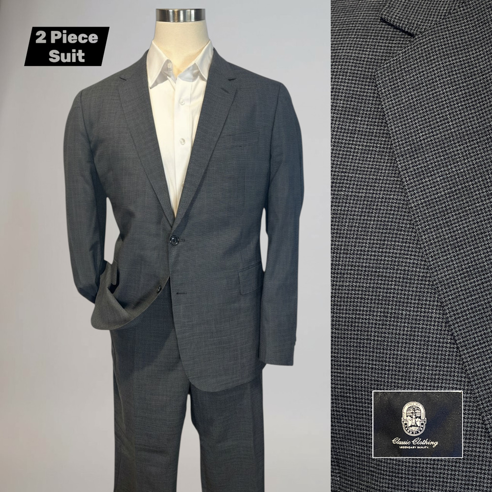 Lands End 46R 43x29.5 Gray Micro Houndstooth Suit Stretch Long Arms